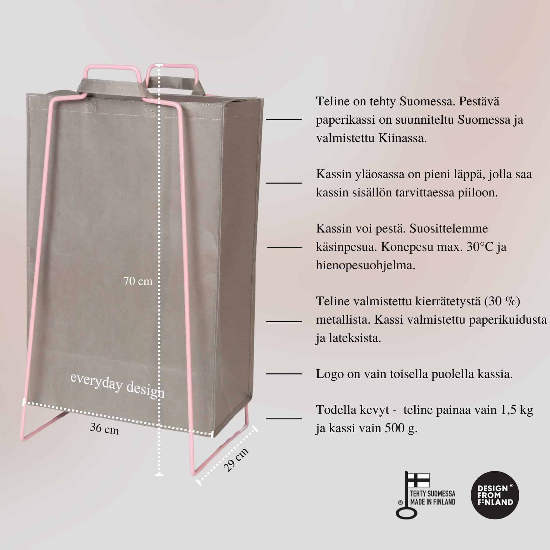 TURKU XL -kierrätysteline vaaleanpunainen ja pestävä paperikassi
