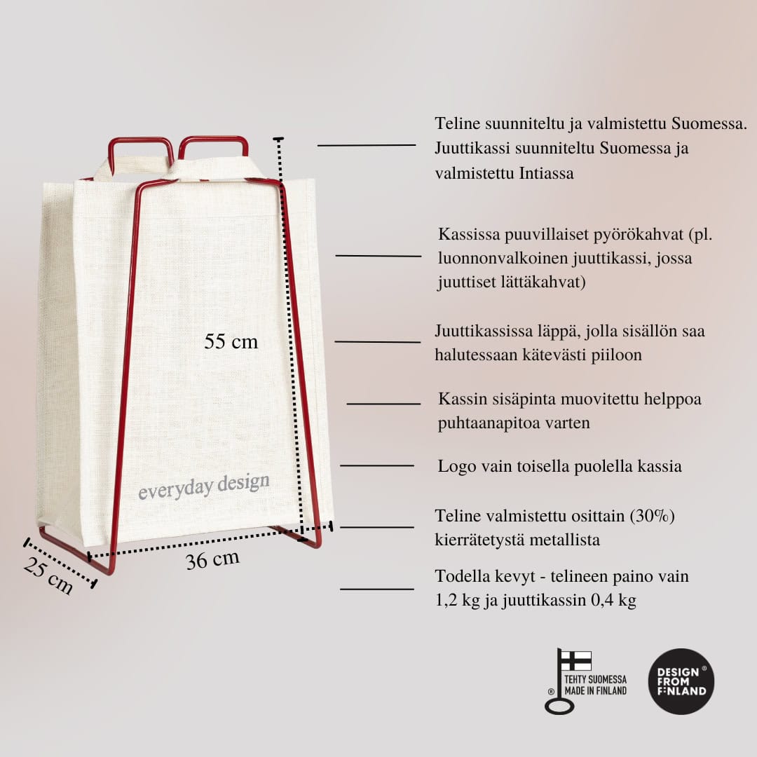 HELSINKI-kassiteline rubiininpunainen ja juuttikassi